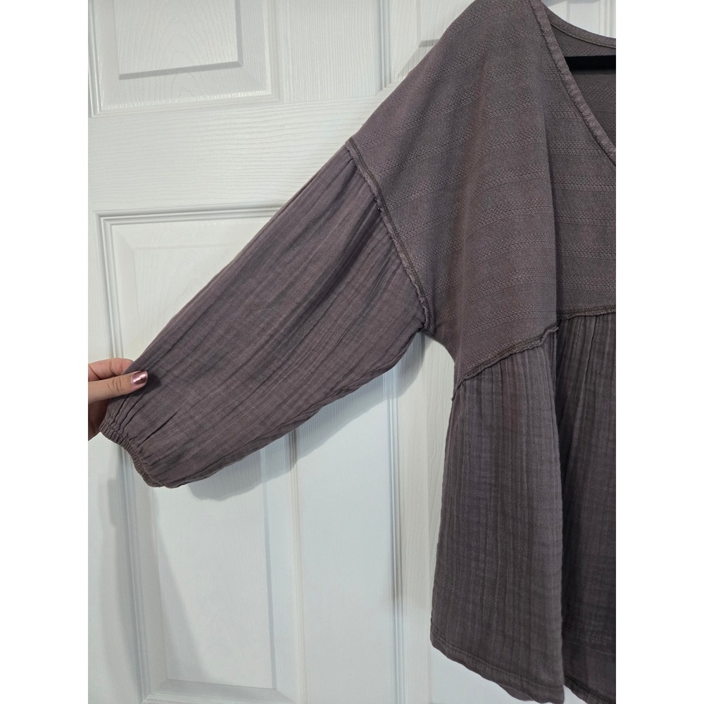 Lucky Brand Dusty Purple Gauze Peplum V-Neck Top Boho Cottagecore puff Large - Picture 2 of 6